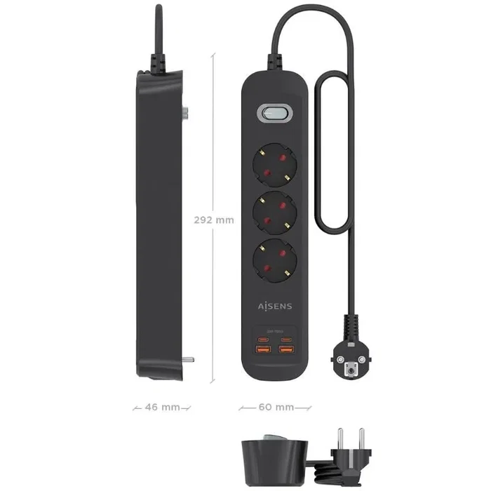 Aisens Regleta con Interruptor ASPS-2A2C11-BK con 3 Tomas de Corriente y 4 Puertos USB, Negro